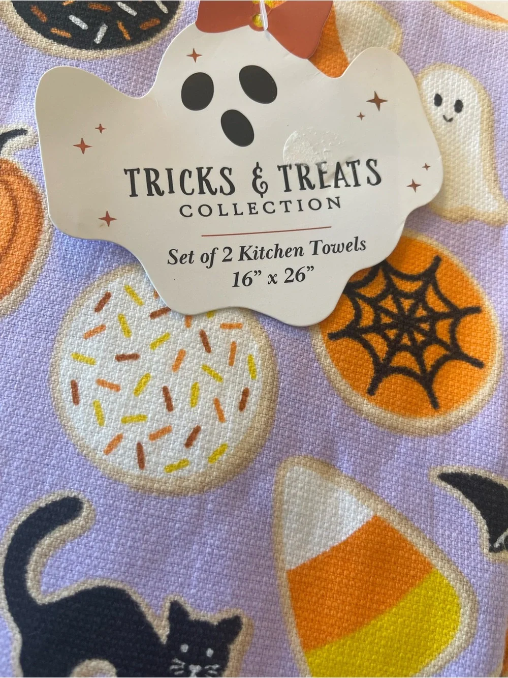 NWT 2 pc Halloween Kitchen Towel Set/Black Cat/Ghost/Candy Corn/Spooky/Purple